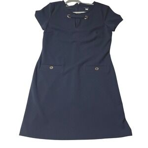 Tommy Hilfiger Navy Blue Sheath Dress Gold Hardware Keyhole Neck Pockets Size 8‎